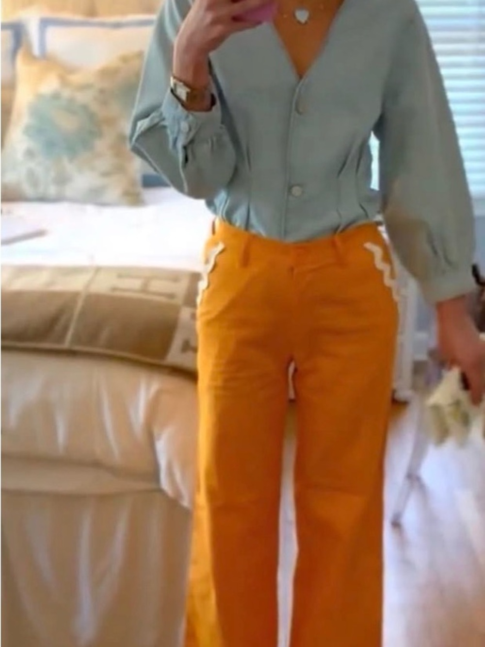 Women’s Bright Orange Wide-Leg Cropped Pants with White Trim